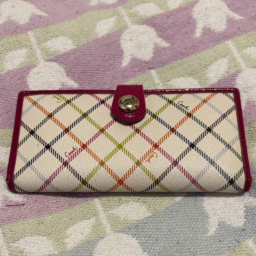 Coach Heritage Stripe Tattersall Plaid Wallet with Pink Patent Trim